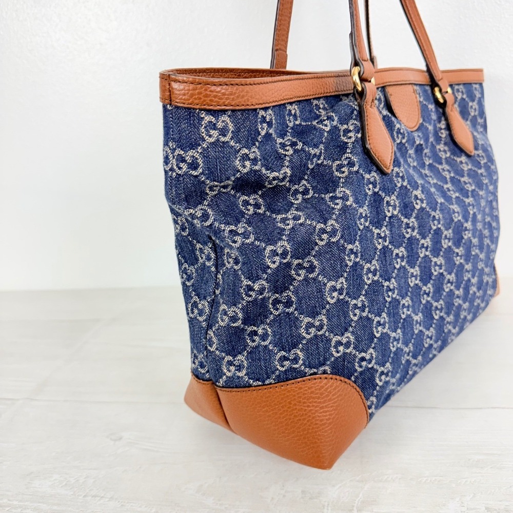 Gucci GG Monogram Denim Tote Bag Medium Blue Brown Leather Trim Tea Cuir - Picture 6 of 16
